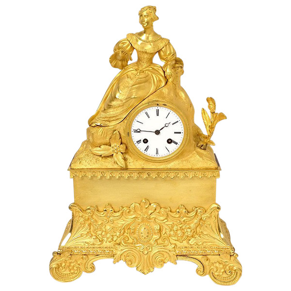 Romantic Clock Bronze Gilt Young Elegant Woman Reading 19th century