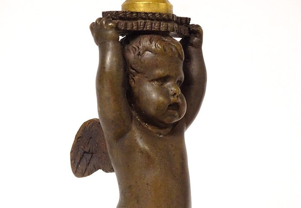 Coppia di candelieri torce in bronzo marmo Angelots Loves Napoleone III XIX secolo