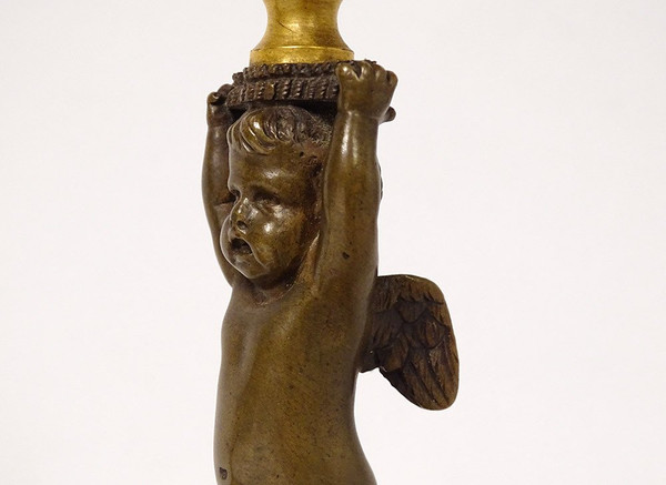 Coppia di candelieri torce in bronzo marmo Angelots Loves Napoleone III XIX secolo