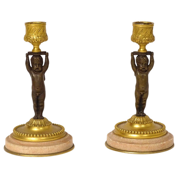 Pair of candlesticks Flambeaux Bronze Marble Angelots Amours Napoléon III 19th century