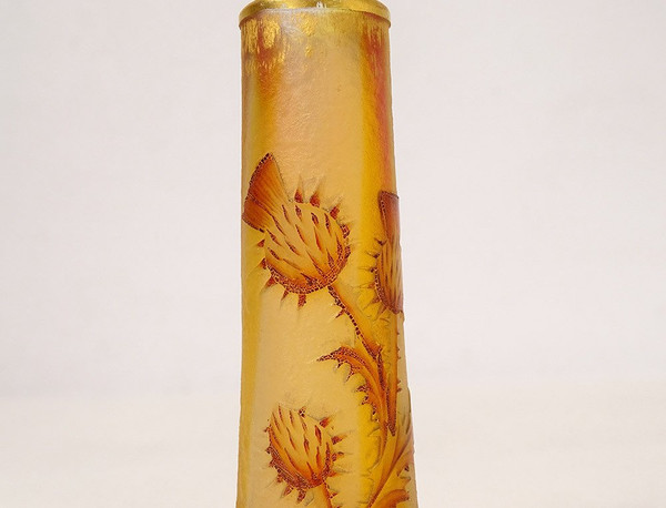 Kleine Vase Soliflore Glaspaste Daum Nancy Blumen Disteln Jugendstil 19