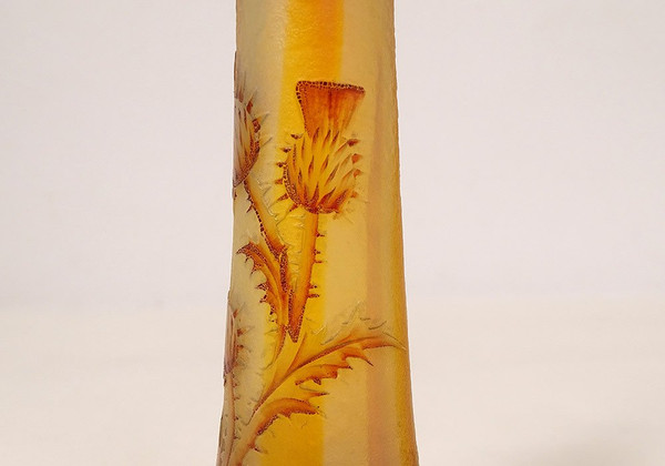 Kleine Vase Soliflore Glaspaste Daum Nancy Blumen Disteln Jugendstil 19