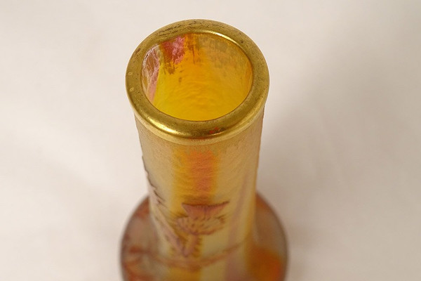 Kleine Vase Soliflore Glaspaste Daum Nancy Blumen Disteln Jugendstil 19
