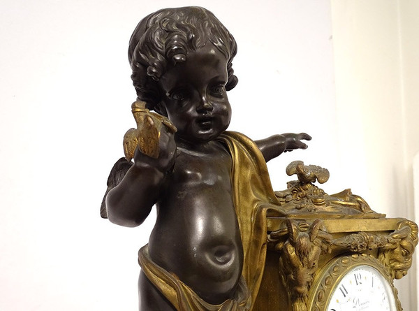 Large Bronze Clock Angelot Bird Rams Denière Paris Napoleon III 19th