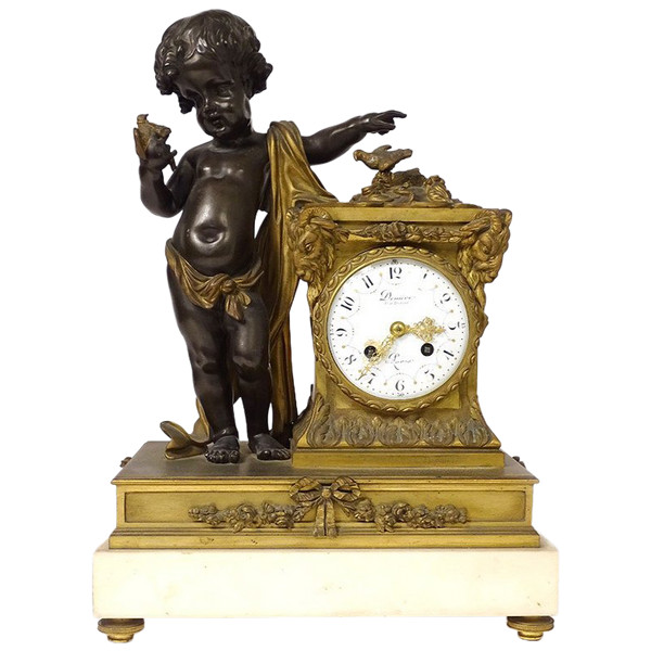 Large Bronze Clock Angelot Bird Rams Denière Paris Napoleon III 19th