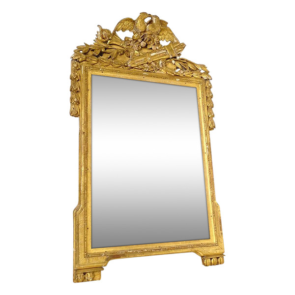 Grand Miroir Louis XVI Bois Sculpté Doré Oiseaux Carquois Flambeau XVIIIè