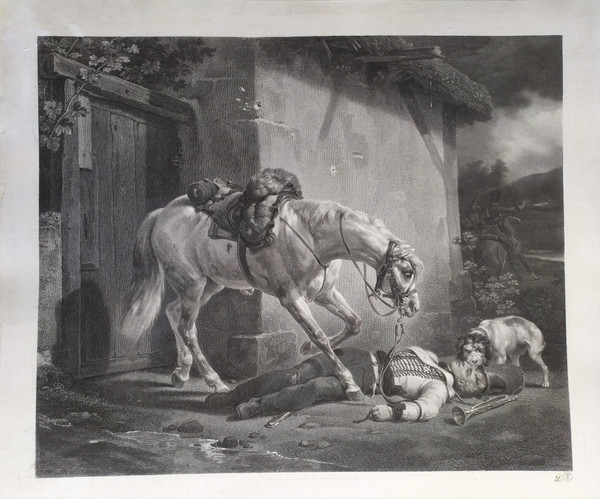 Etching Horse Rider Large Engraving Old Print