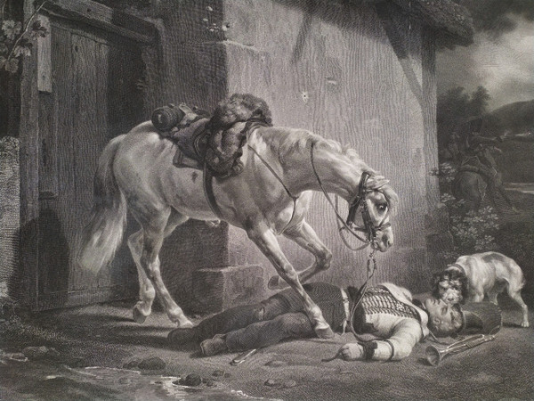 Etching Horse Rider Large Engraving Old Print