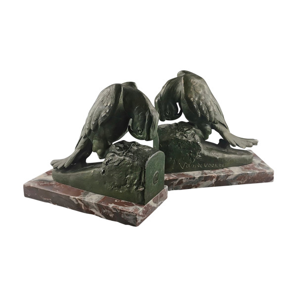 Coppia di fermalibri Art Deco Parakeet