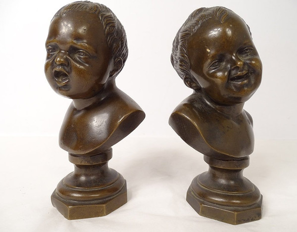 Coppia di sculture in bronzo Jean Qui Rit Jean Qui Pleure d'ap. Houdon XIX secolo