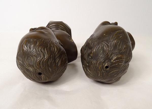 Coppia di sculture in bronzo Jean Qui Rit Jean Qui Pleure d'ap. Houdon XIX secolo