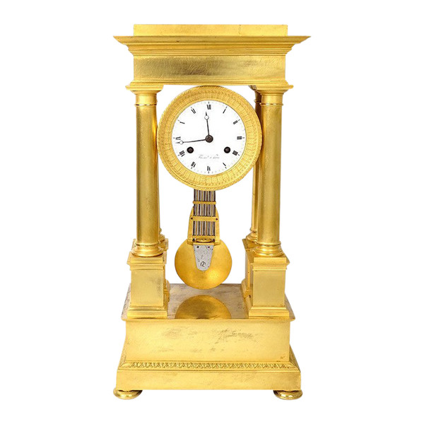 Pendule Portique à Colonnes Bronze Doré Flocard Paris Empire Clock XIXème