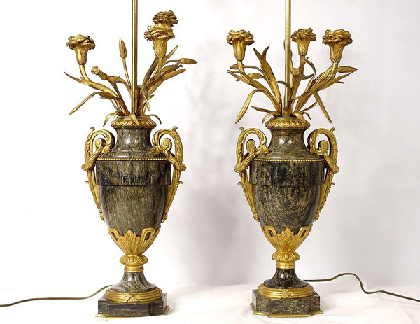 Pair of Baluster Vases Lamps Marble Bronze Gilded Flowers Napoleon III 19th century