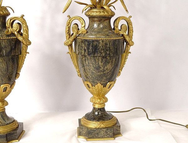 Pair of Baluster Vases Lamps Marble Bronze Gilded Flowers Napoleon III 19th century