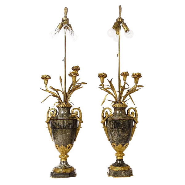 Pair of Baluster Vases Lamps Marble Bronze Gilded Flowers Napoleon III 19th century