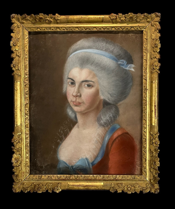 PASTEL XVIIIe SOUS VERRE " PORTRAIT DE FEMME DE QUALITÉ " AVEC CADRE XVIIIe