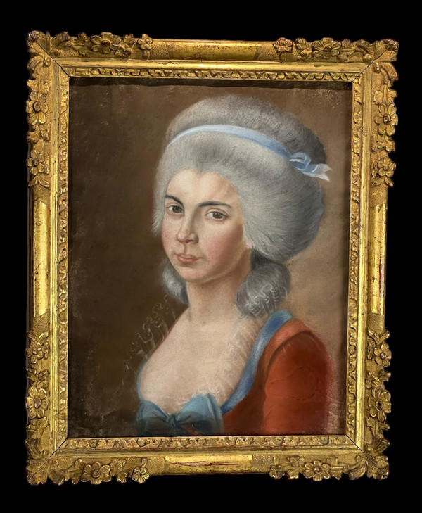 PASTEL XVIIIe SOUS VERRE " PORTRAIT DE FEMME DE QUALITÉ " AVEC CADRE XVIIIe