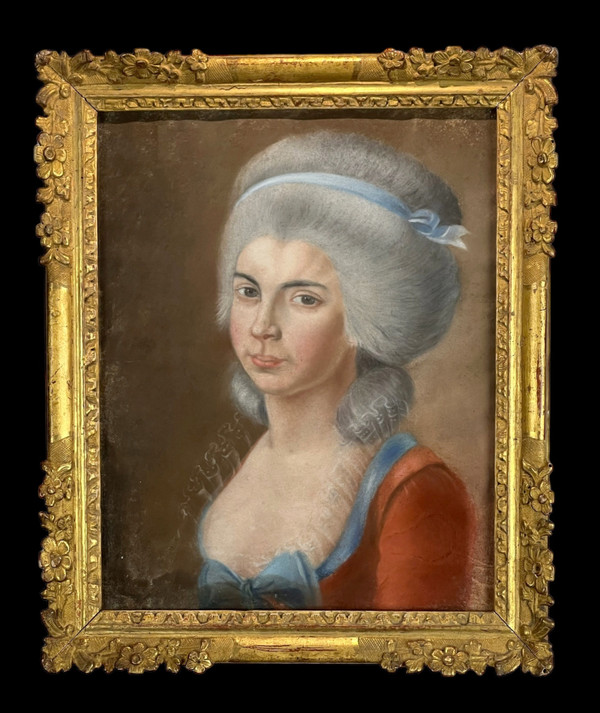 PASTEL XVIIIe SOUS VERRE " PORTRAIT DE FEMME DE QUALITÉ " AVEC CADRE XVIIIe