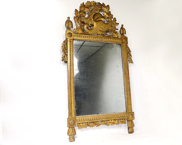 Grand Miroir Révolutionnaire Bois Sculpté Doré Casque Feuilles Chêne XVIIIè