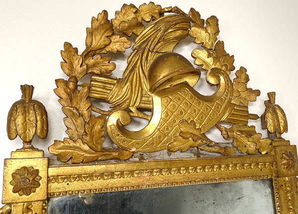 Grand Miroir Révolutionnaire Bois Sculpté Doré Casque Feuilles Chêne XVIIIè