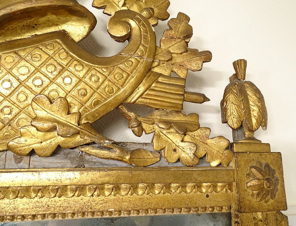 Grand Miroir Révolutionnaire Bois Sculpté Doré Casque Feuilles Chêne XVIIIè