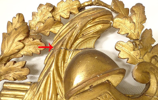 Grand Miroir Révolutionnaire Bois Sculpté Doré Casque Feuilles Chêne XVIIIè