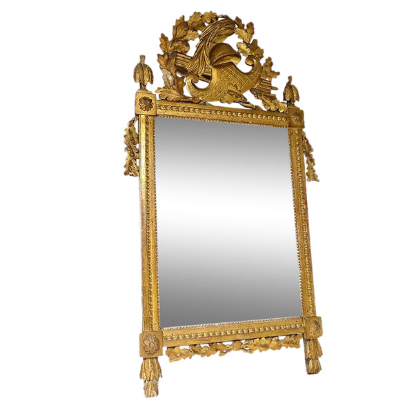 Grand Miroir Révolutionnaire Bois Sculpté Doré Casque Feuilles Chêne XVIIIè