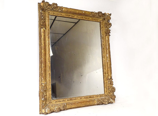 Miroir Louis XIV Régence Bois Sculpté Doré Fleurs Coquille Glace XVIIIème