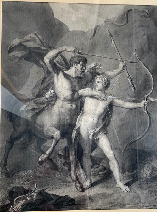 Lavis d'encre signé de 1801: L'éducation d'Achille par le centaure Chiron.