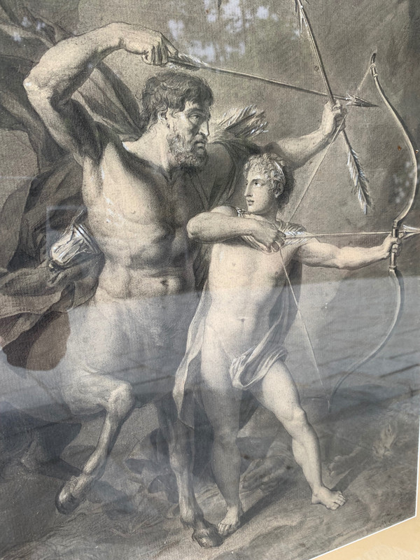 Lavis d'encre signé de 1801: L'éducation d'Achille par le centaure Chiron.