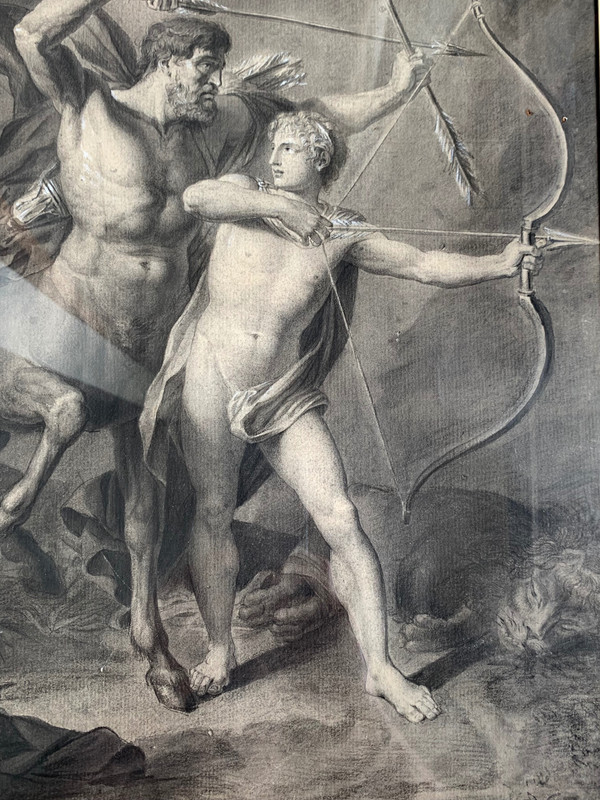 Lavis d'encre signé de 1801: L'éducation d'Achille par le centaure Chiron.