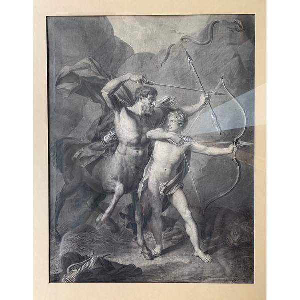 Lavis d'encre signé de 1801: L'éducation d'Achille par le centaure Chiron.