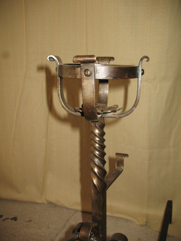 Pair of wrought-iron andirons complete with shovel, tongs and bar, 20th century