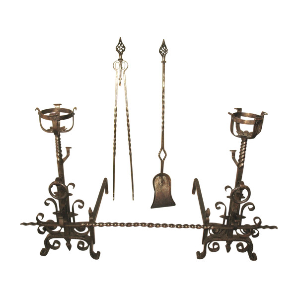 Pair of wrought-iron andirons complete with shovel, tongs and bar, 20th century