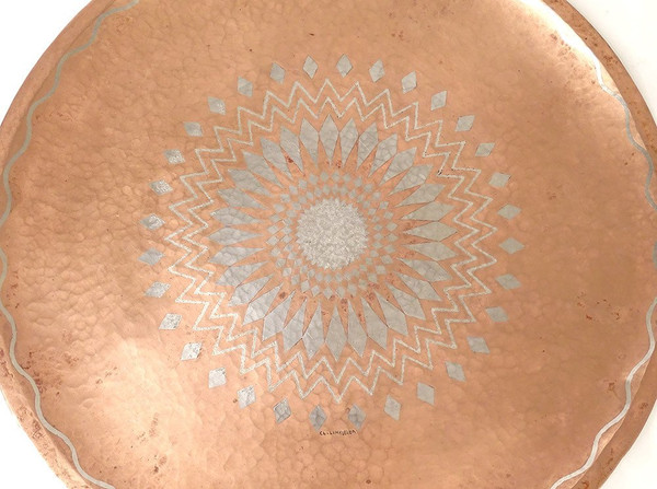 Decorative Dish Claudius Linossier Dinanderie Copper Silver 40cm Art Deco 20th