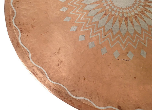 Decorative Dish Claudius Linossier Dinanderie Copper Silver 40cm Art Deco 20th