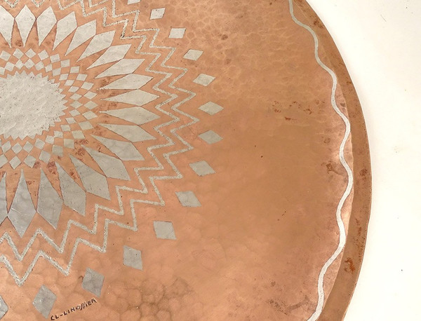 Decorative Dish Claudius Linossier Dinanderie Copper Silver 40cm Art Deco 20th