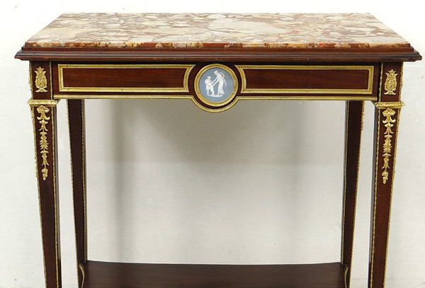 Small Louis XVI Living Room Table Mahogany Marble Gilt Bronze Wedgwood 19th