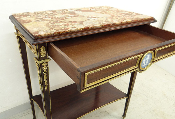 Small Louis XVI Living Room Table Mahogany Marble Gilt Bronze Wedgwood 19th