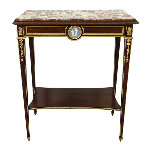 Small Louis XVI Living Room Table Mahogany Marble Gilt Bronze Wedgwood 19th