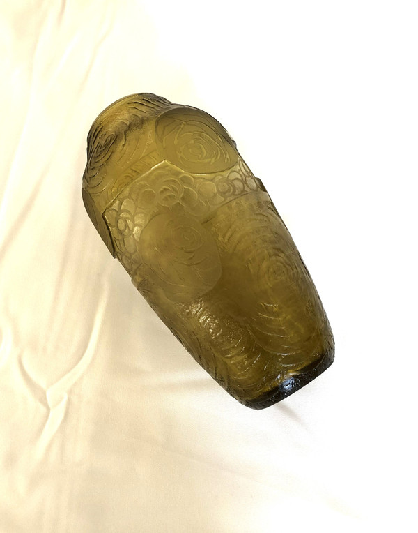 Ancien vase ART DECO en cristal gravé à l'acide signé MONTJOYE 21 cm Legras