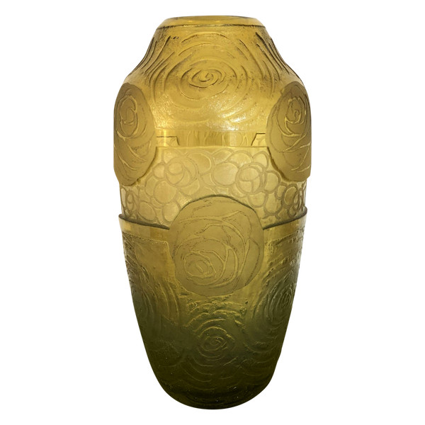 Ancien vase ART DECO en cristal gravé à l'acide signé MONTJOYE 21 cm Legras