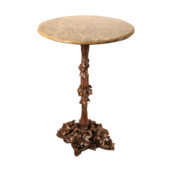 Black Forest type pedestal table Beautiful 19th century travel clock circa 1820, called a nasturtium, also serving as an alarm clock, wire movement with advance or delay adjustment, nickel-plated bronze bell with double hammer, revised movement, very good condition.