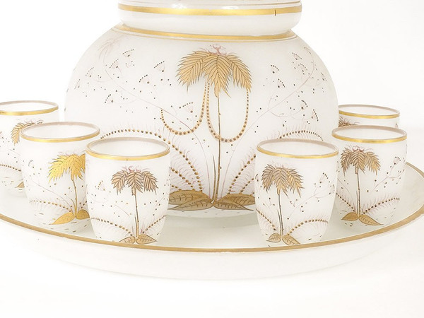 White opaline punch service with palm tree gilding 6 cups 19th century tray