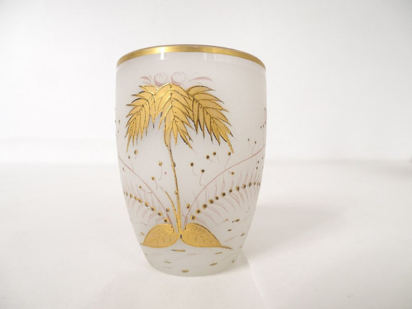 White opaline punch service with palm tree gilding 6 cups 19th century tray