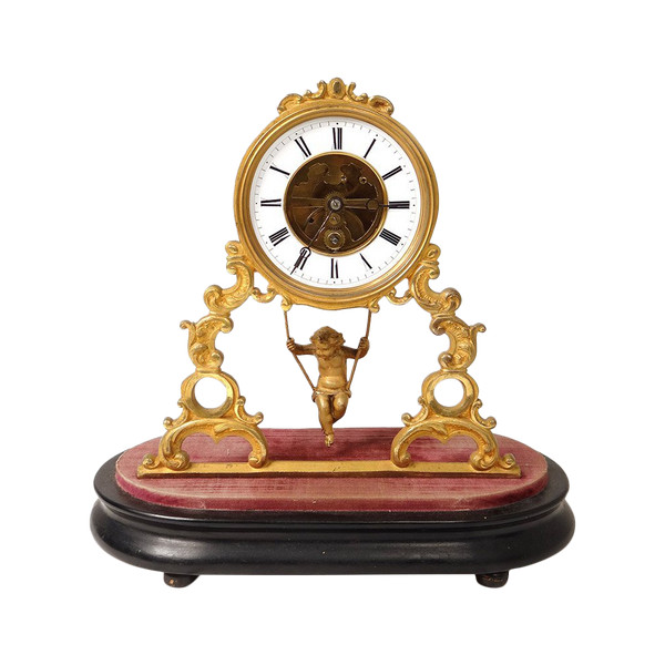 Skelett-Pendeluhr Bronze vergoldet Uhrwerk Farcot Amour Balancelle NapIII XIXè