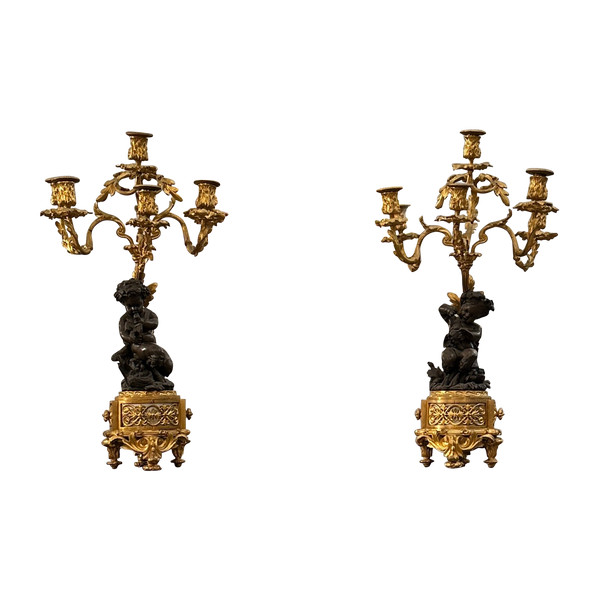 Henri Picard, Exceptional Pair of Putti Bronze Candelabra Signed 19th Century