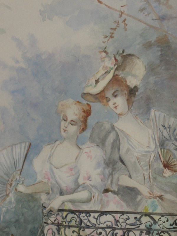 Piccolo paravento a 3 ante con scene di genere acquarello in stile Luigi XV, XX secolo