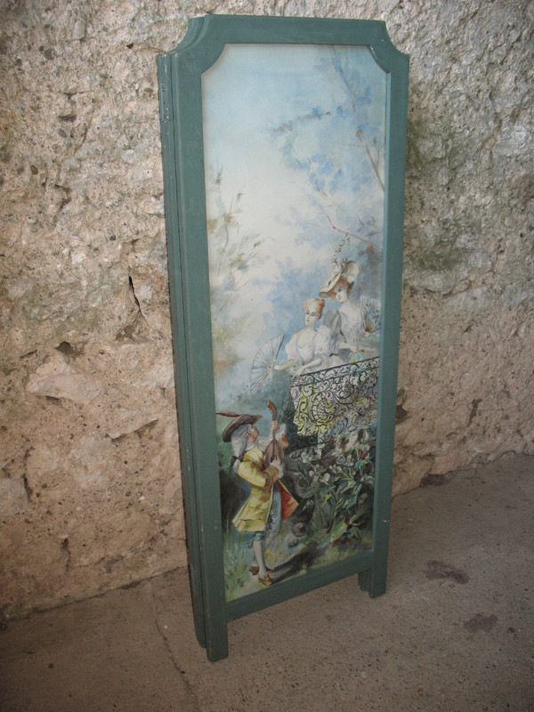 Piccolo paravento a 3 ante con scene di genere acquarello in stile Luigi XV, XX secolo