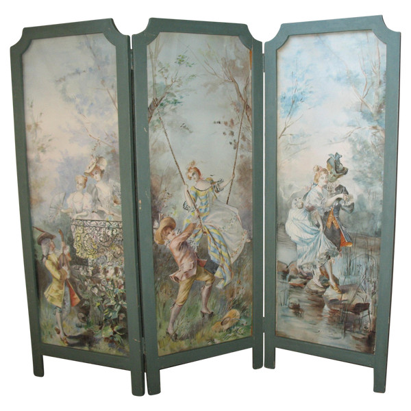 Piccolo paravento a 3 ante con scene di genere acquarello in stile Luigi XV, XX secolo